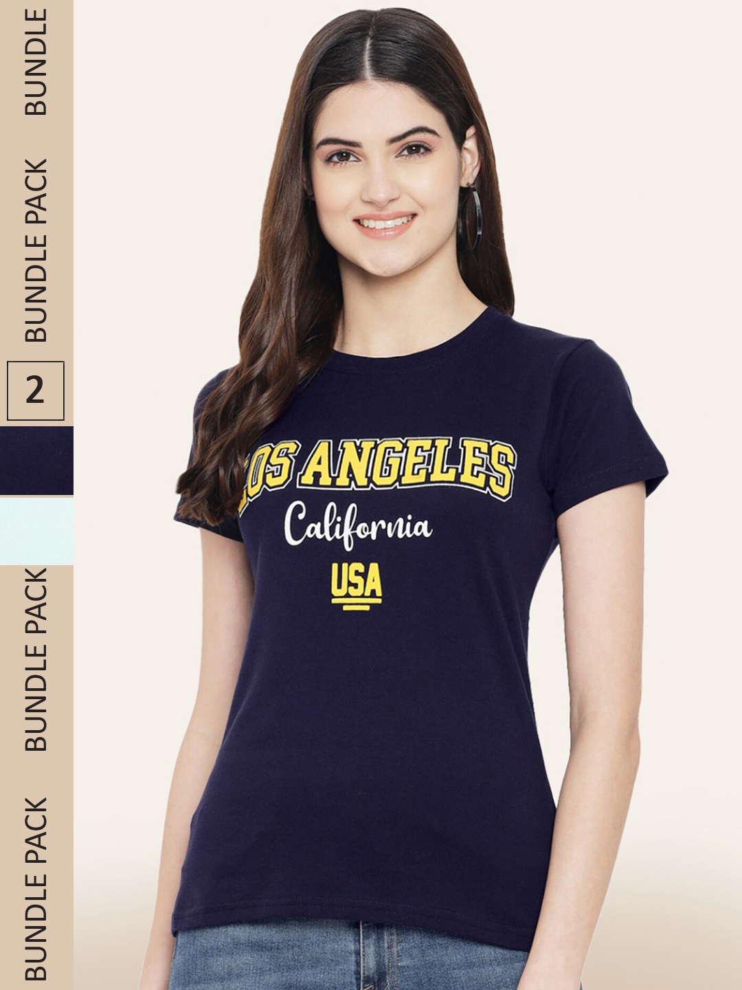 

BAESD Pack Of 2 Printed Round Neck Cotton T-Shirts, Navy blue