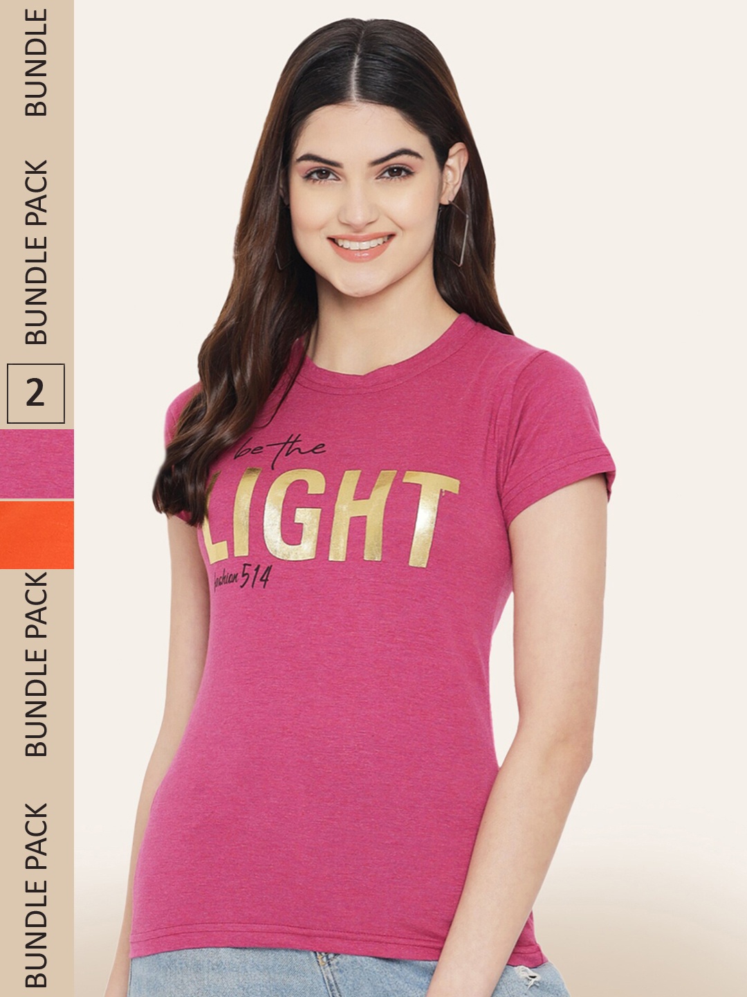 

BAESD Women Pack Of 2 Typography Printed Cotton T-shirt, Magenta