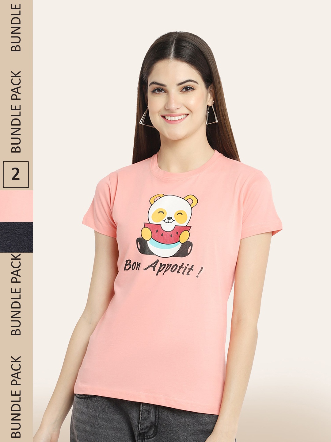 

BAESD Pack Of 2 Printed Cotton T-shirts, Peach