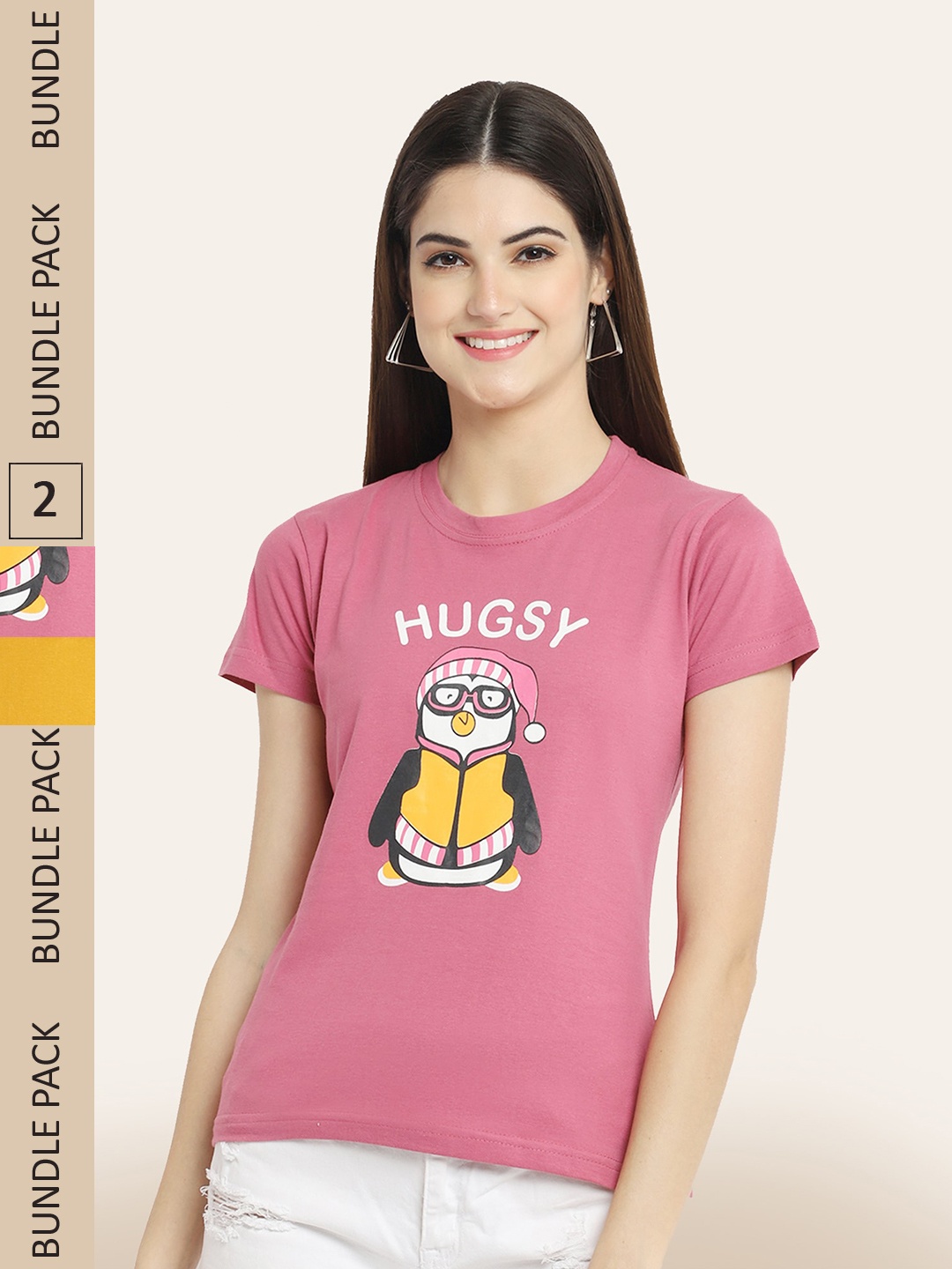 

BAESD Pack Of 2 Round Neck Printed Cotton T-shirt, Pink