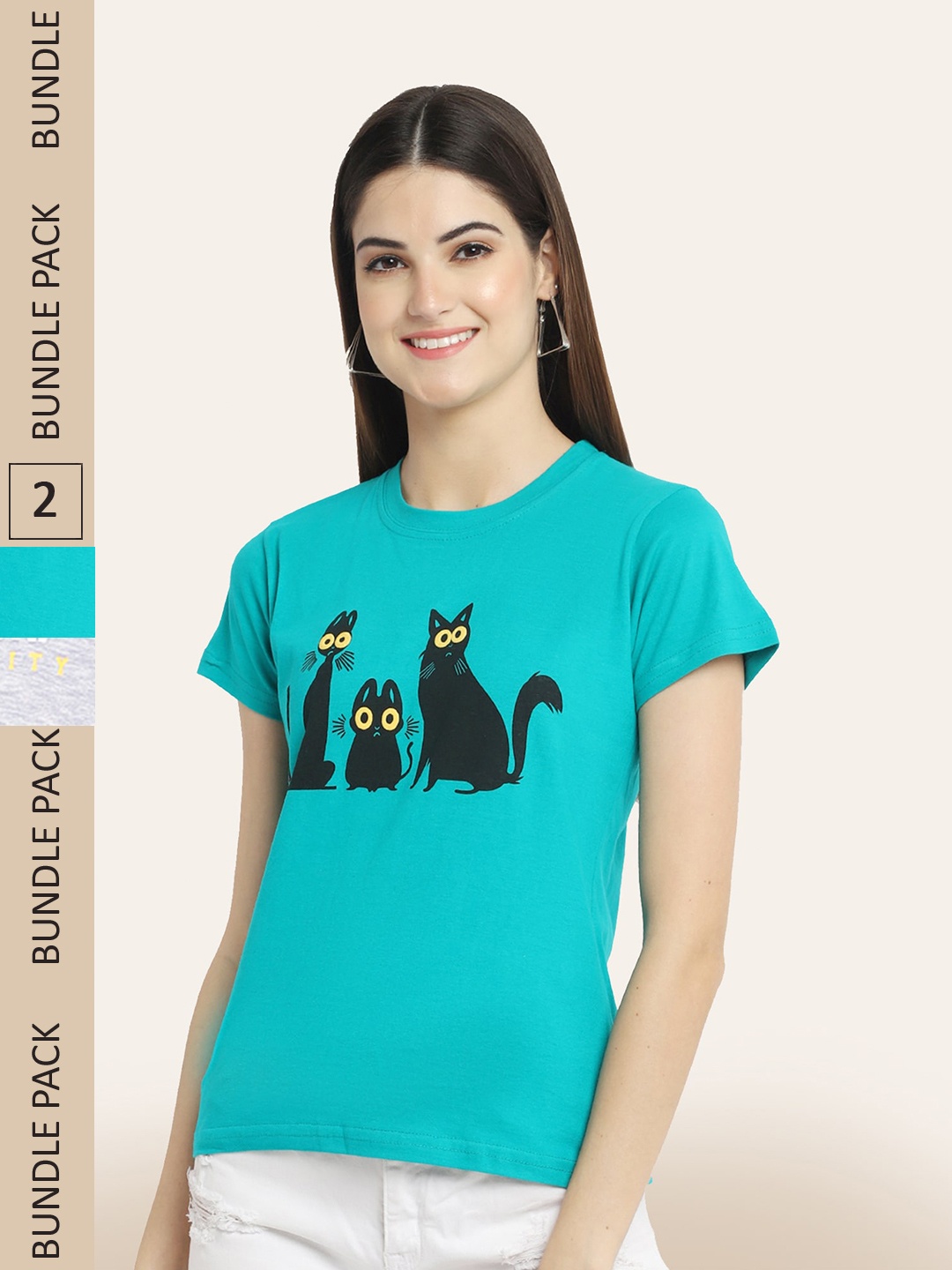 

BAESD Pack Of 2 Round Neck Printed Cotton T-shirt, Turquoise blue