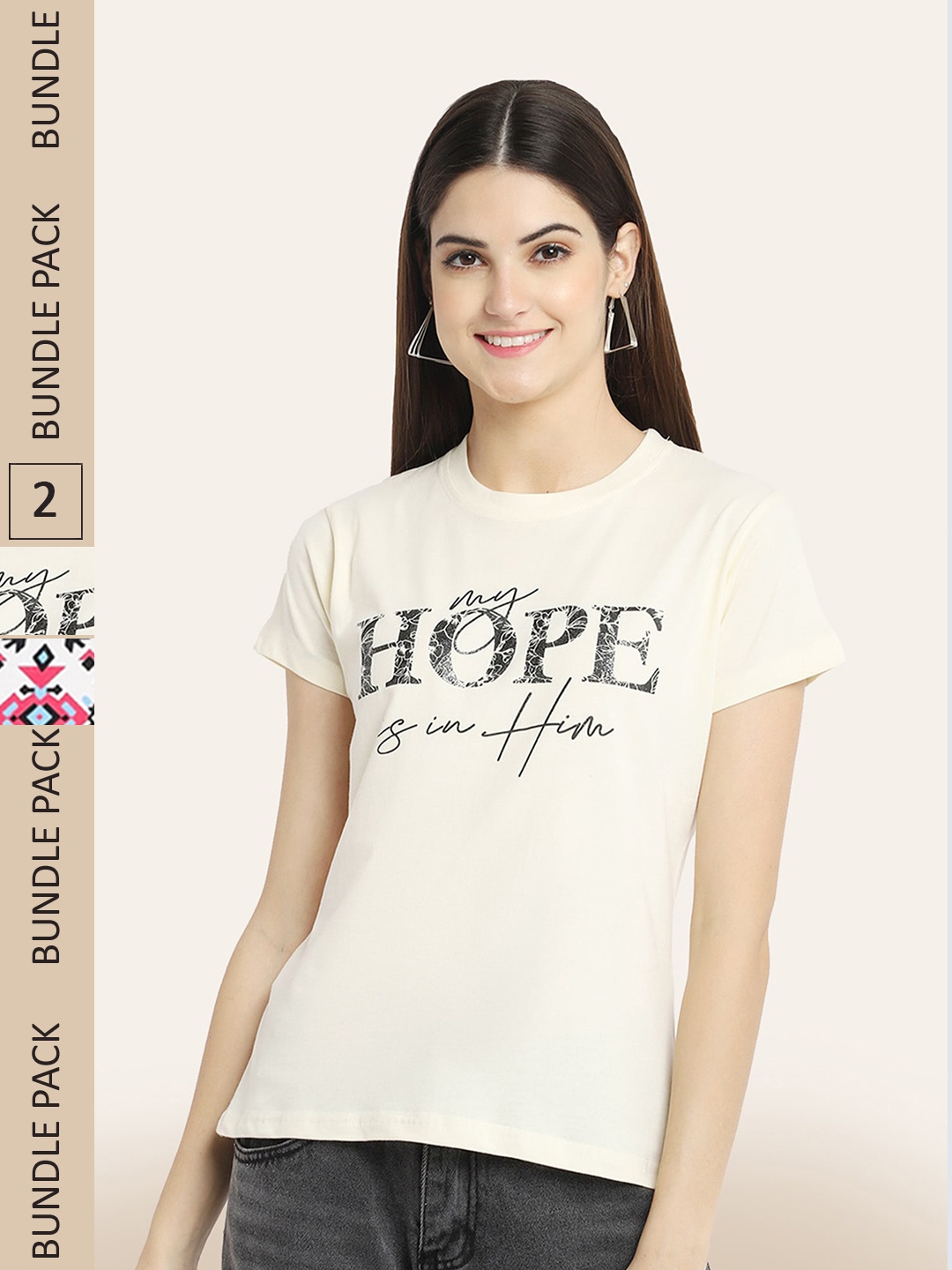BAESD Pack Of 2 Printed Cotton T-shirt, Cream
