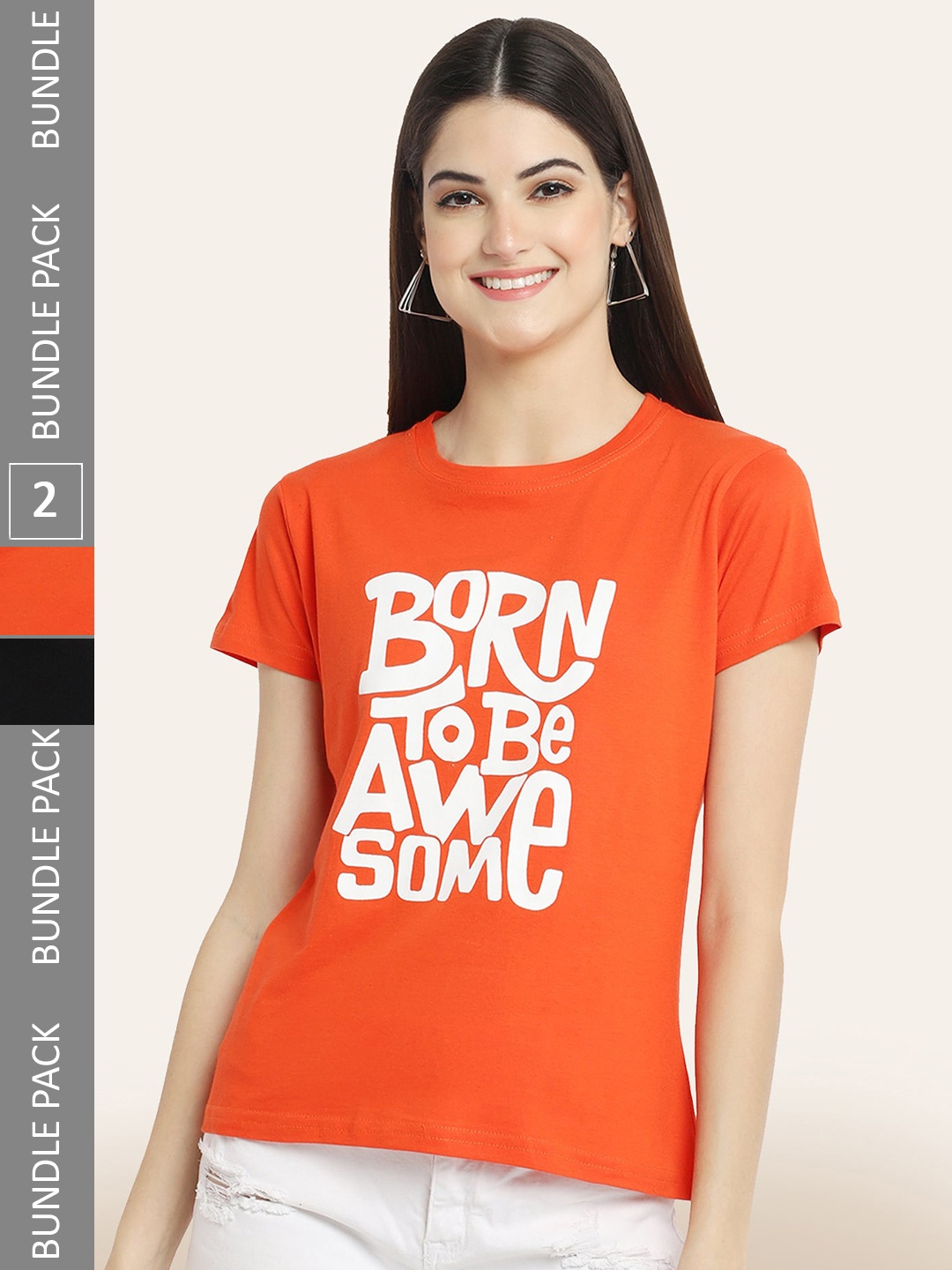 BAESD Pack Of 2 Printed Round Neck Cotton T-Shirts, Orange