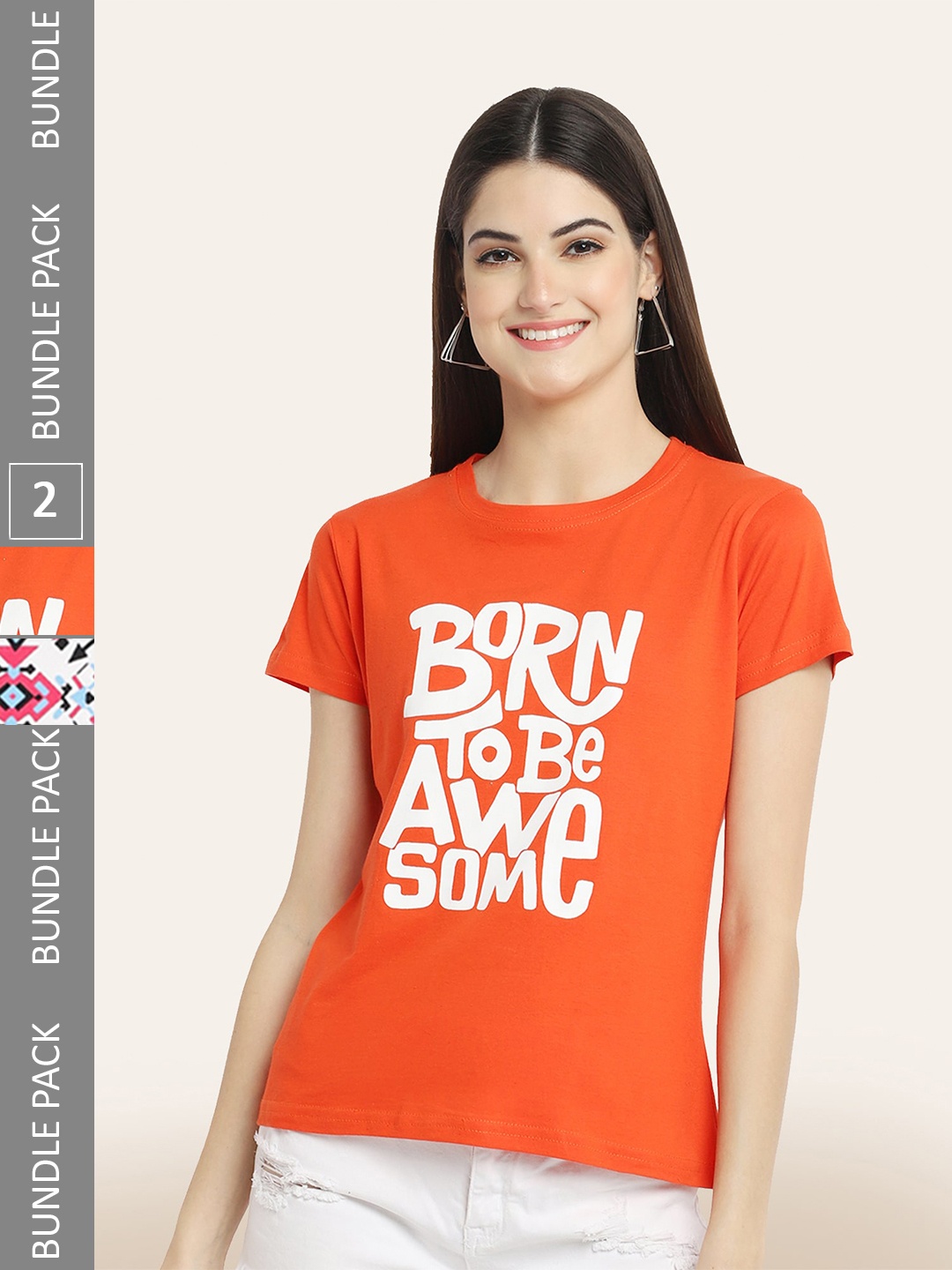 

BAESD Pack Of 2 Printed Round Neck Cotton T-shirt, Orange