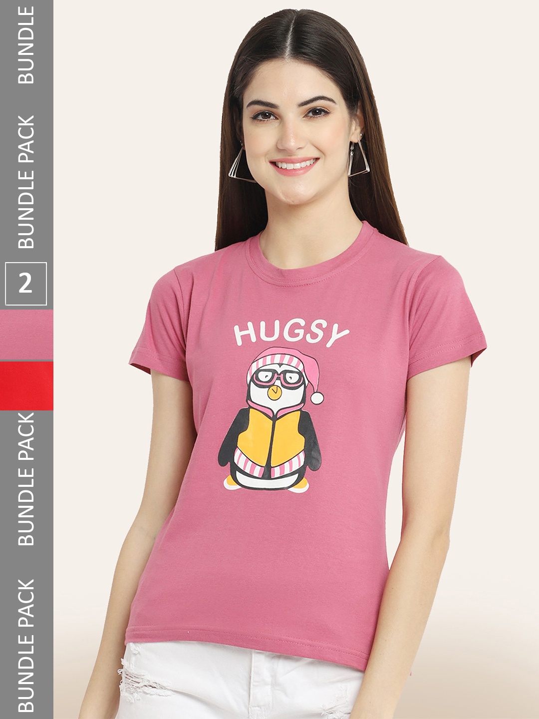 

BAESD Pack Of 2 Printed Casual Cotton T-shirts, Pink