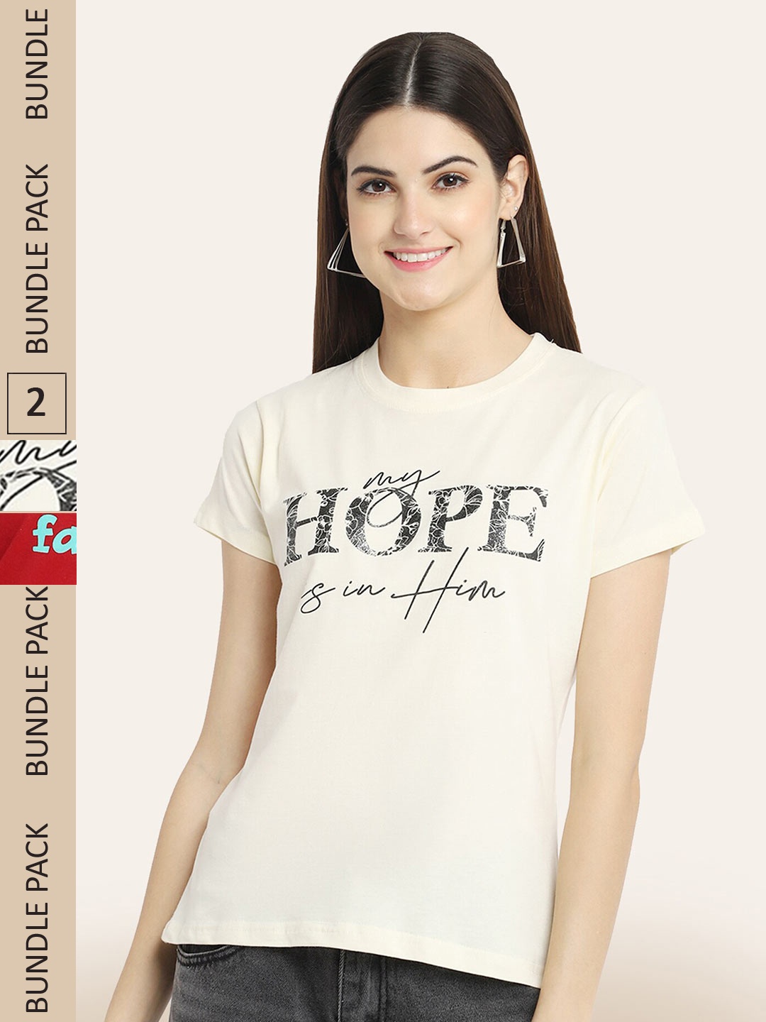 

BAESD Pack Of 2 Typography Printed Cotton T-shirt, Cream