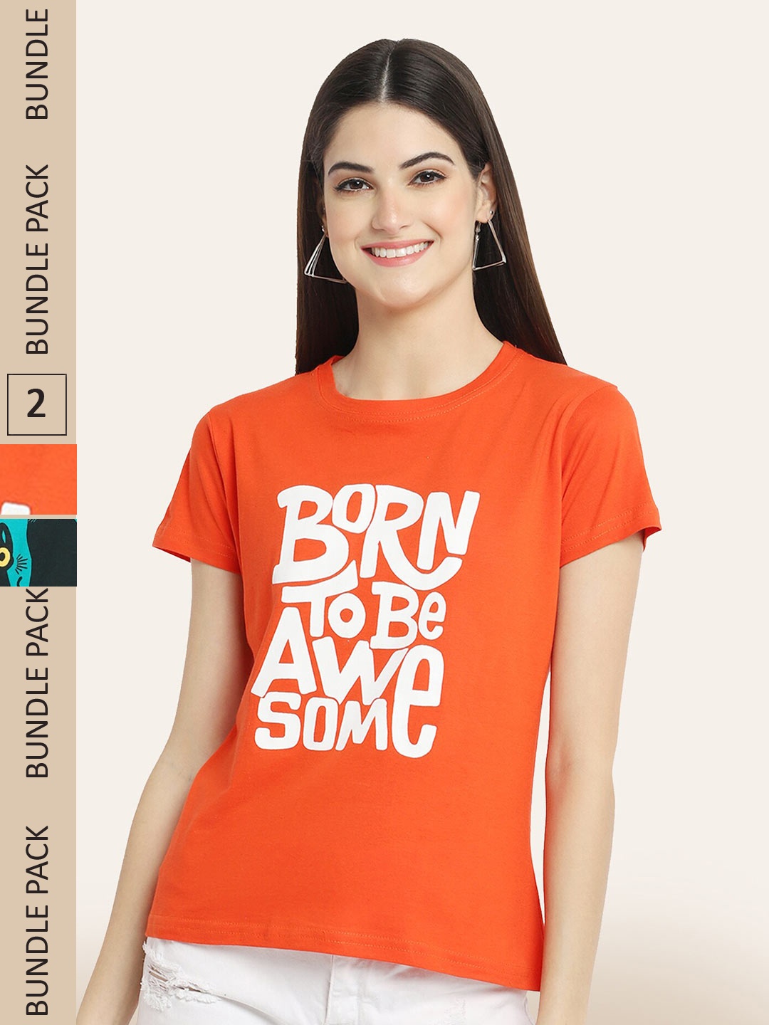 BAESD Pack of 2 Printed Cotton T-shirts, Orange