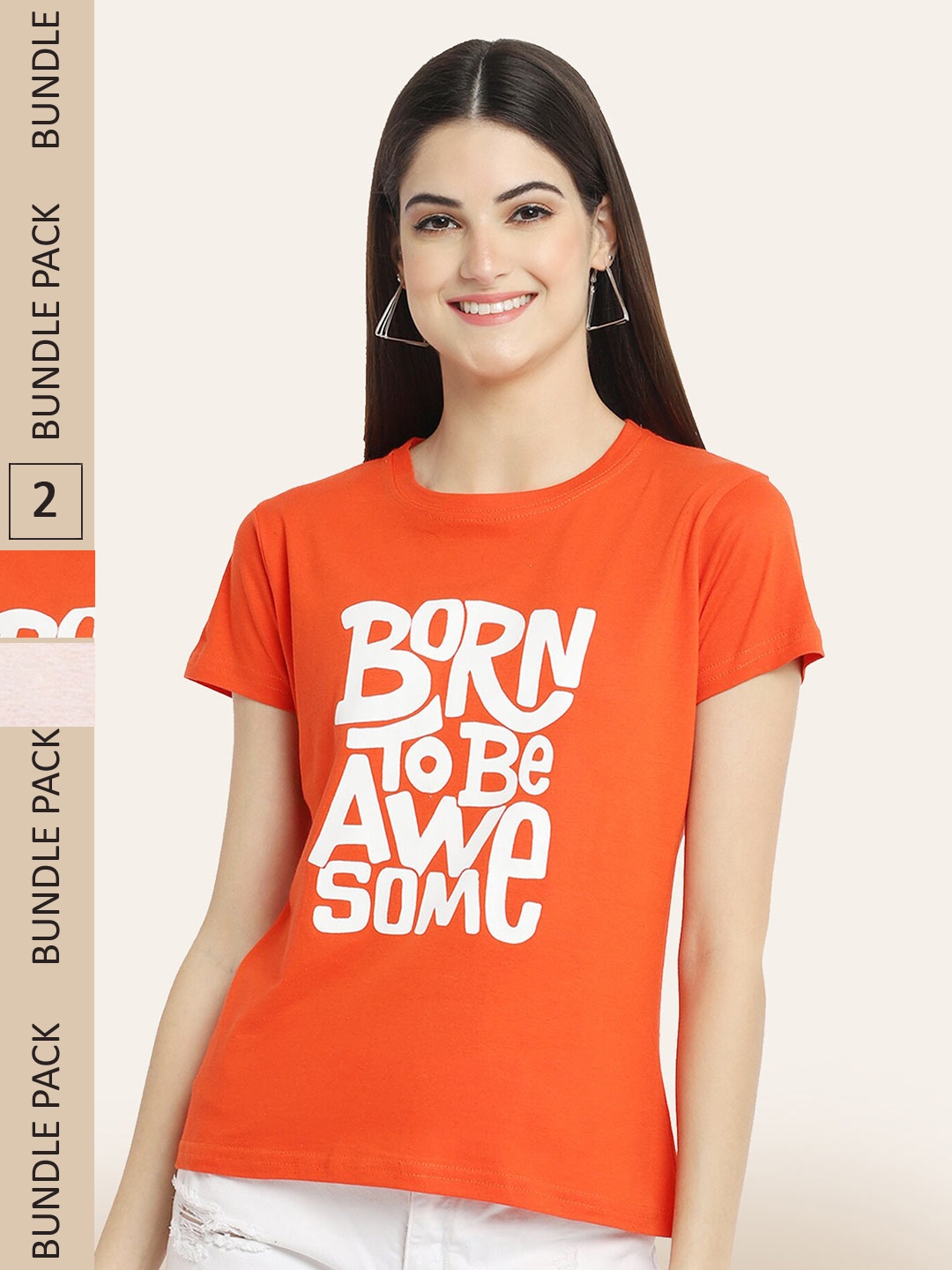 

BAESD Pack Of 2 Printed Round Neck Cotton T-shirts, Orange