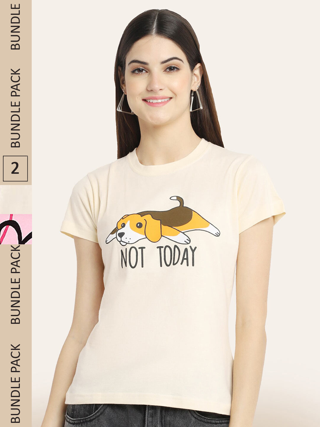 

BAESD Pack Of 2 Printed Round Neck Cotton T-shirts, Cream