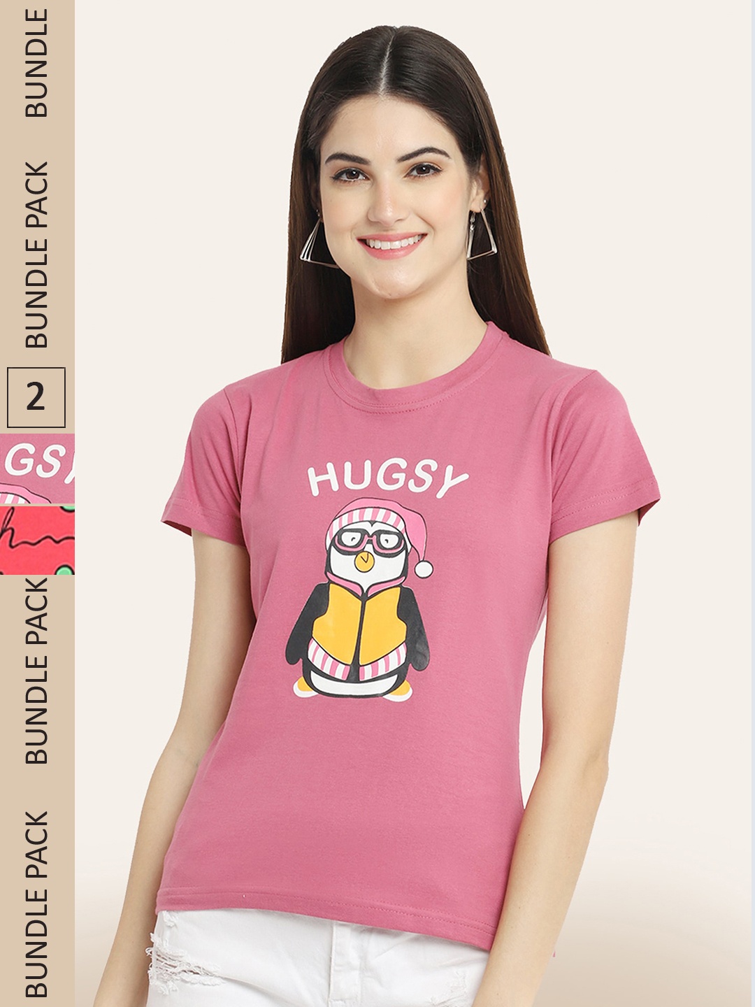 

BAESD Pack of 2 Typography Printed T-Shirts, Pink