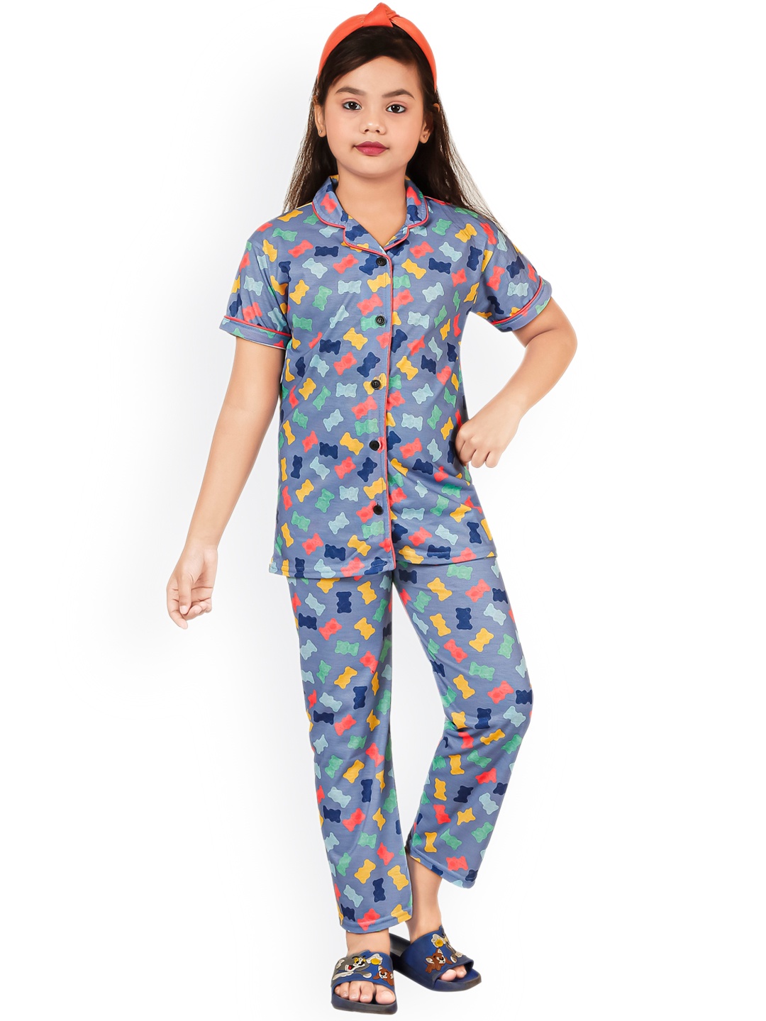 

BURBN Girls Printed Lapel Collar Night suit, Blue