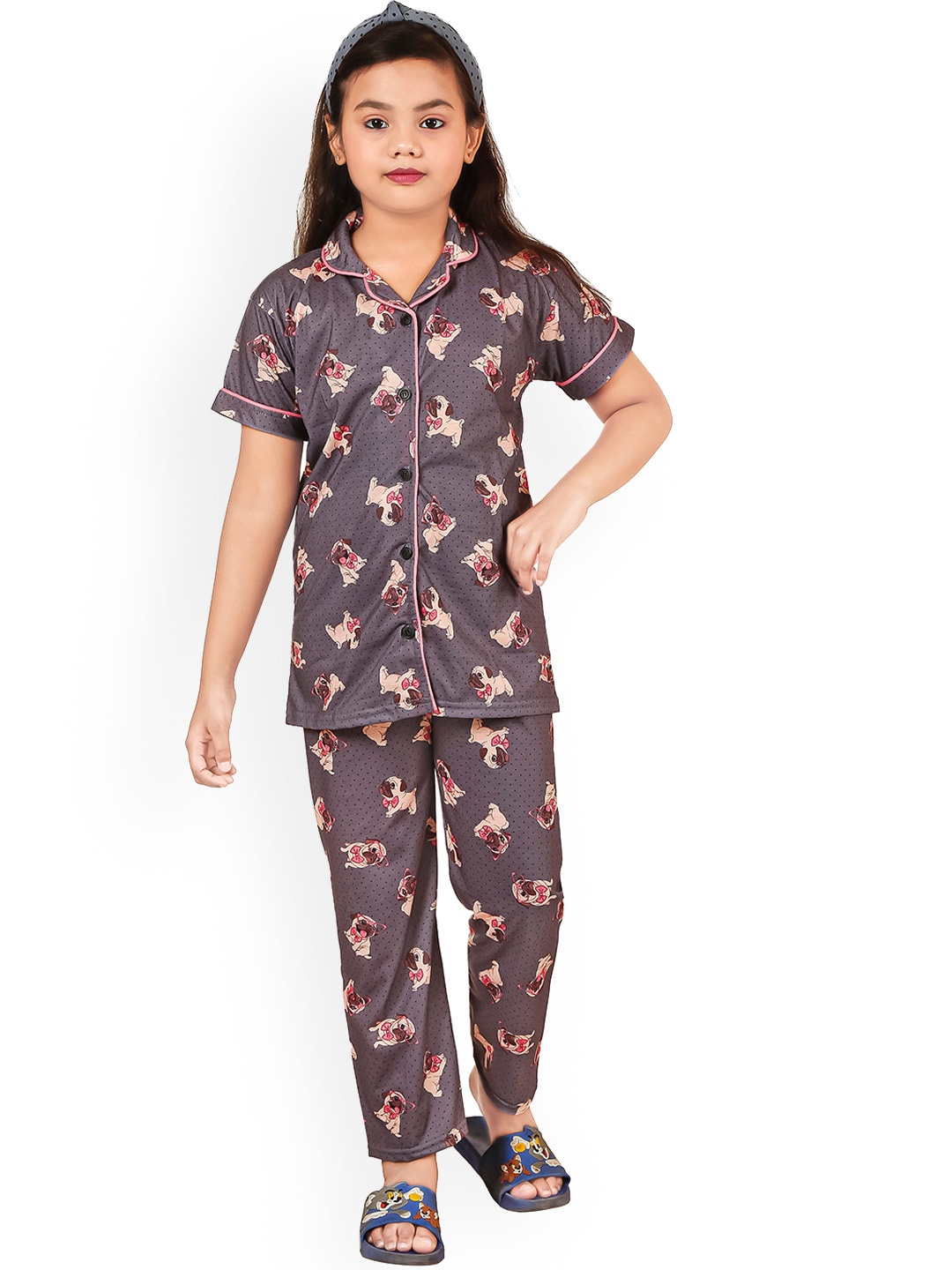 

BURBN Girls Graphic Printed Lapel Collar Night suit, Grey