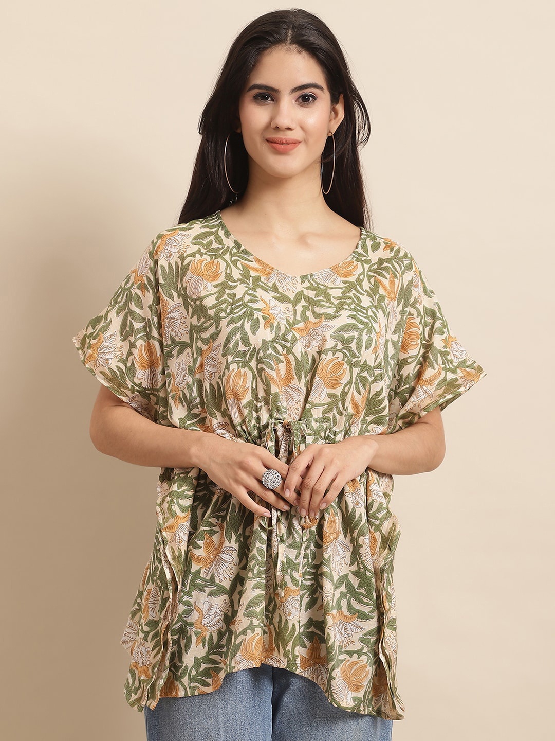 

KALINI Green Tropical Print Kaftan Dress