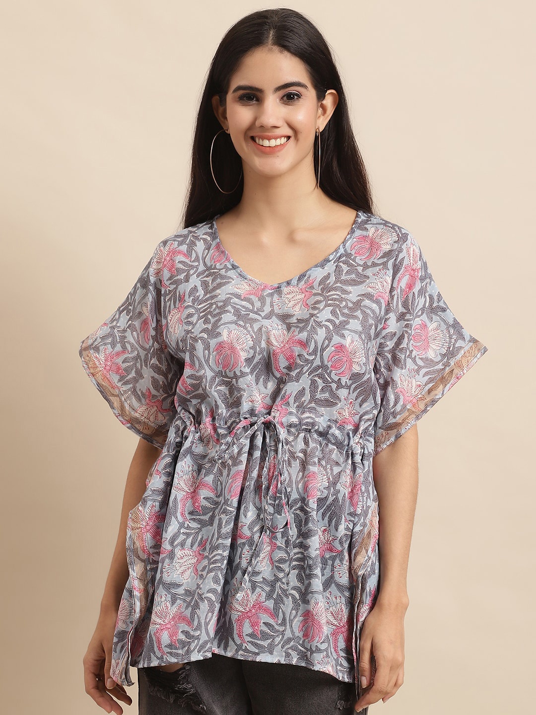 

KALINI Floral Printed V-Neck Kaftan Tops, Turquoise blue