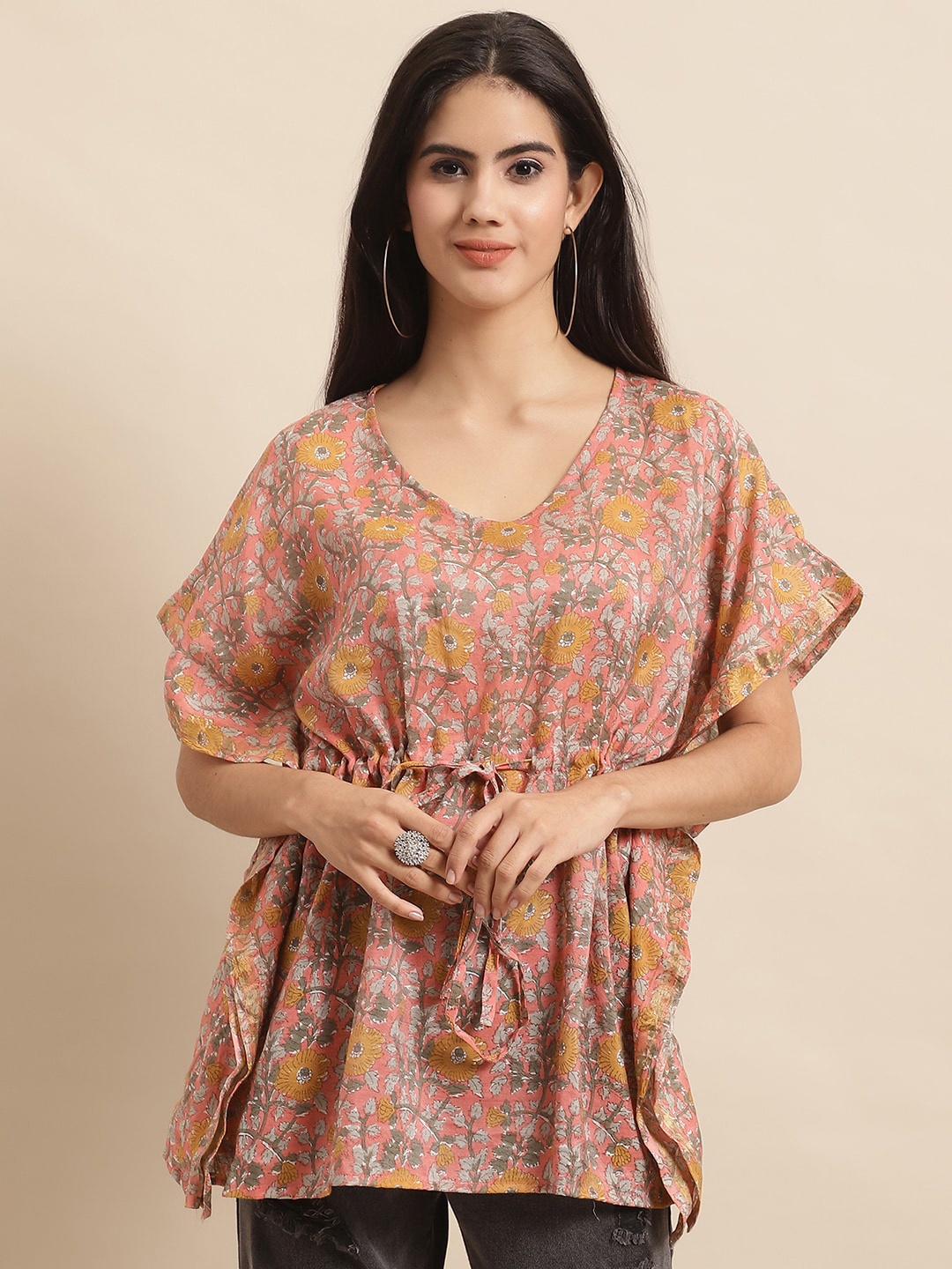 

KALINI Floral Print V-Neck Extended Sleeves Kaftan TOPS, Orange