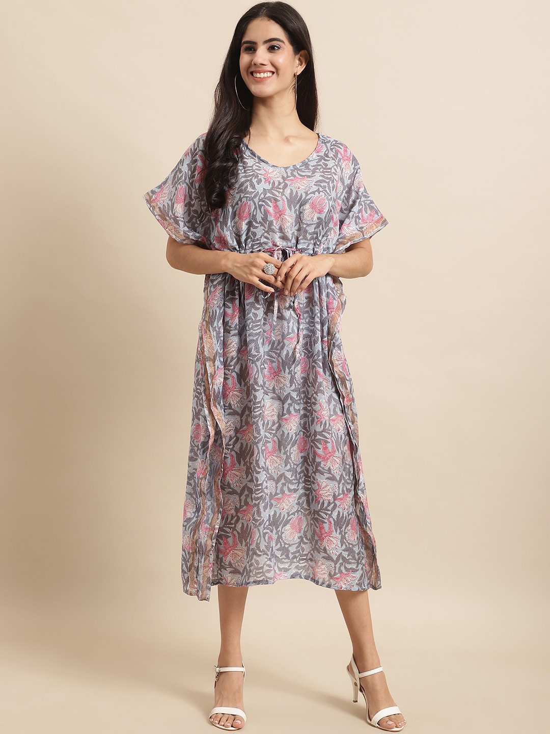 

KALINI Floral Printed & Tie Up Detailed Silk Kaftan Dress, Grey