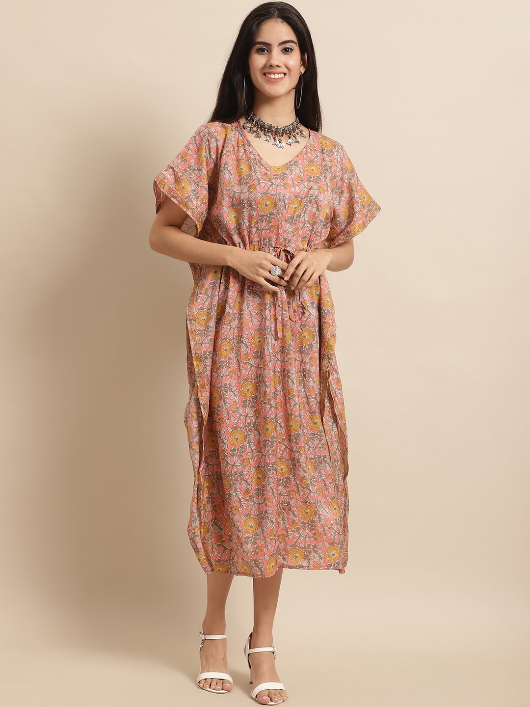 

KALINI Orange Floral Print Kaftan Midi Ethnic Dress