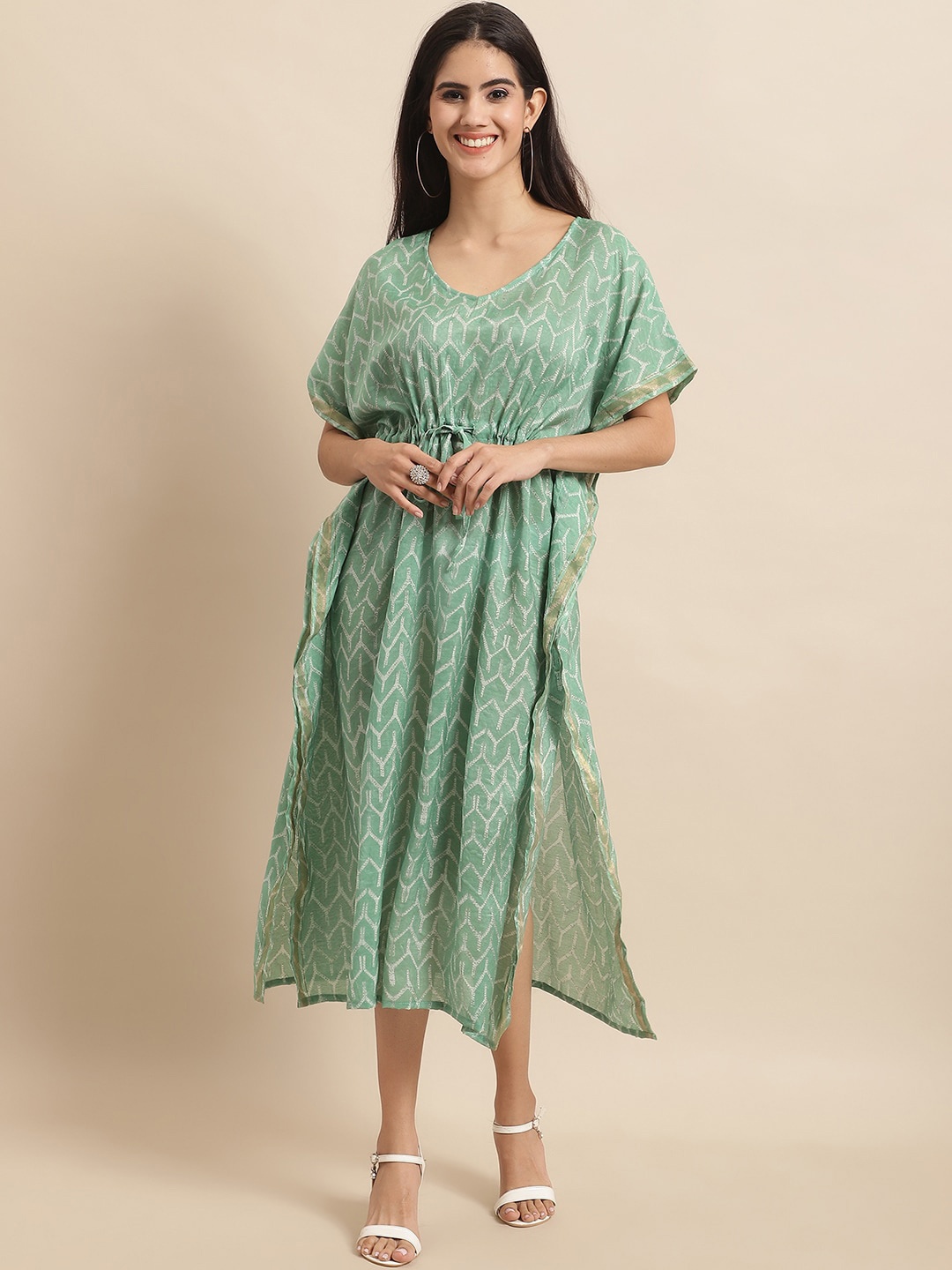 

KALINI Printed Midi Cinched Waist Kaftan Dress, Blue