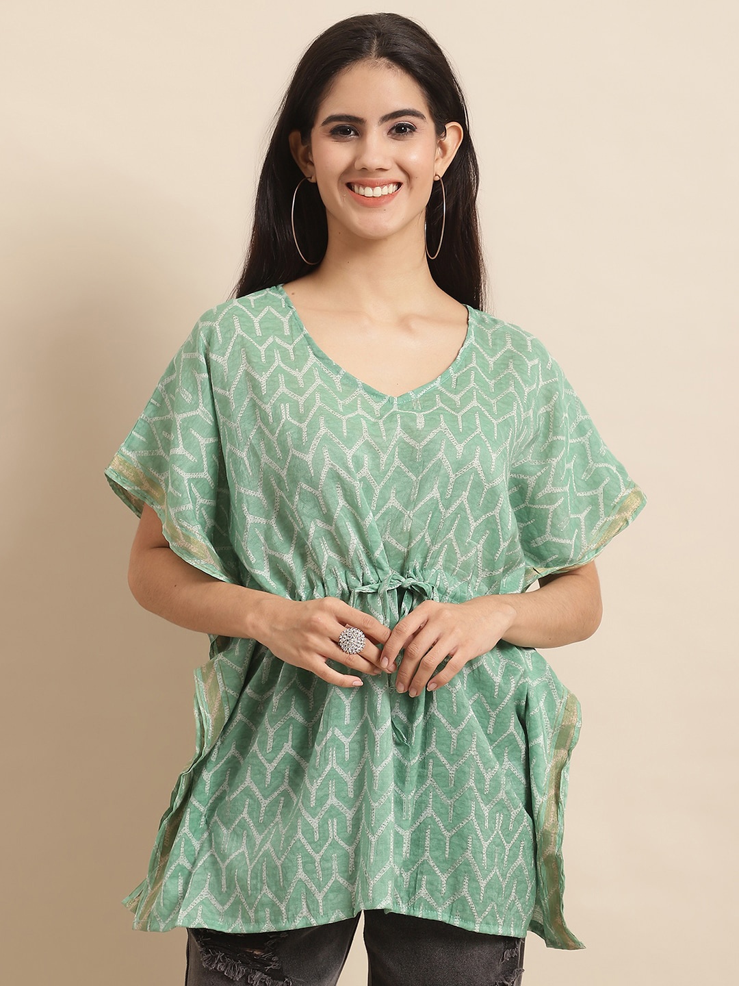 

KALINI Abstract Printed Kimono Sleeve Kaftan Top, Sea green