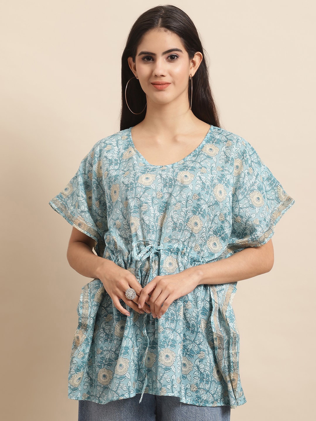 

KALINI Floral Printed Round Neck Silk kaftan Top, Blue