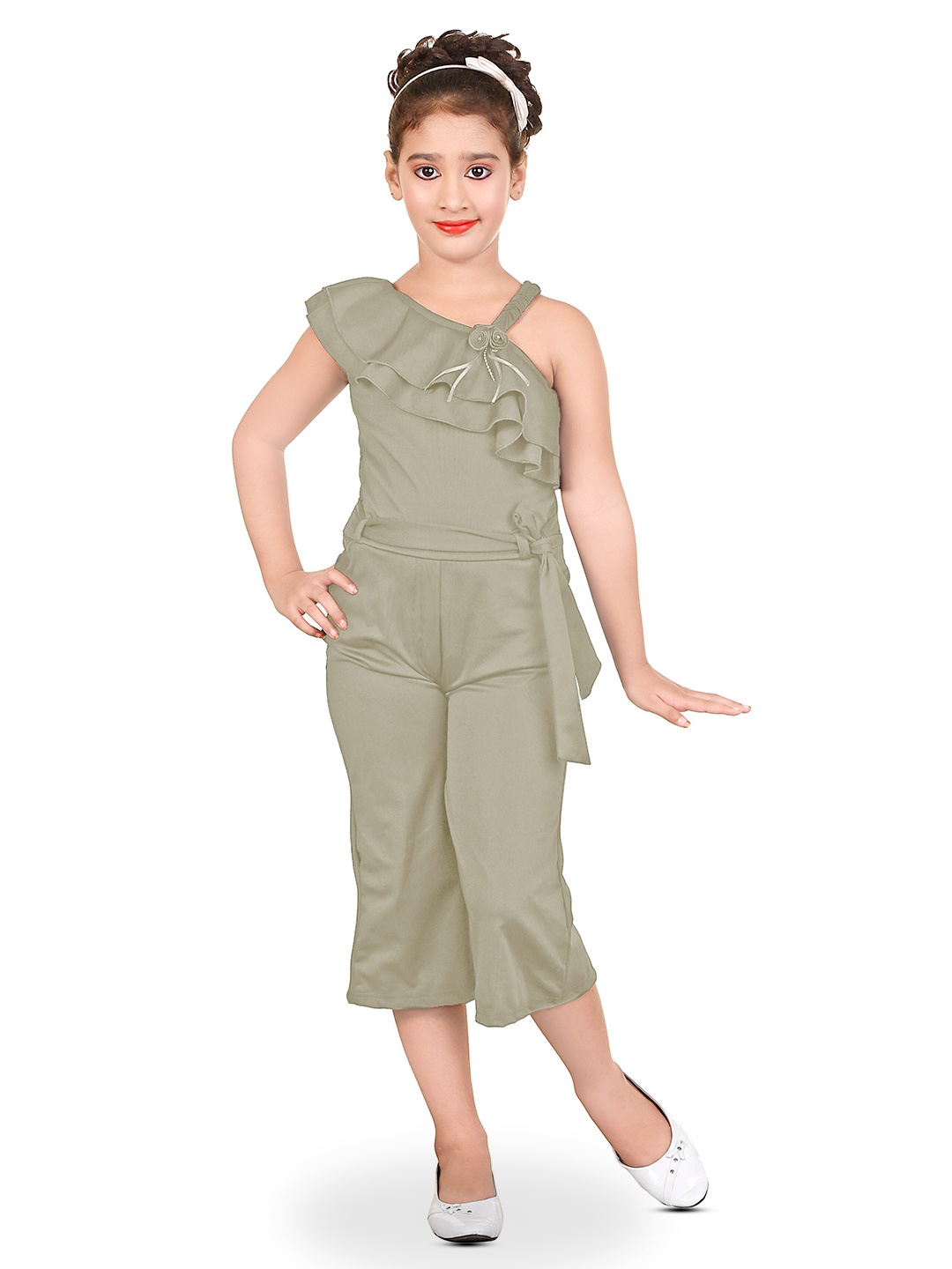 

BURBN Girls One Shoulder Waist Tie-Ups Ruffles Basic Jumpsuit, Green