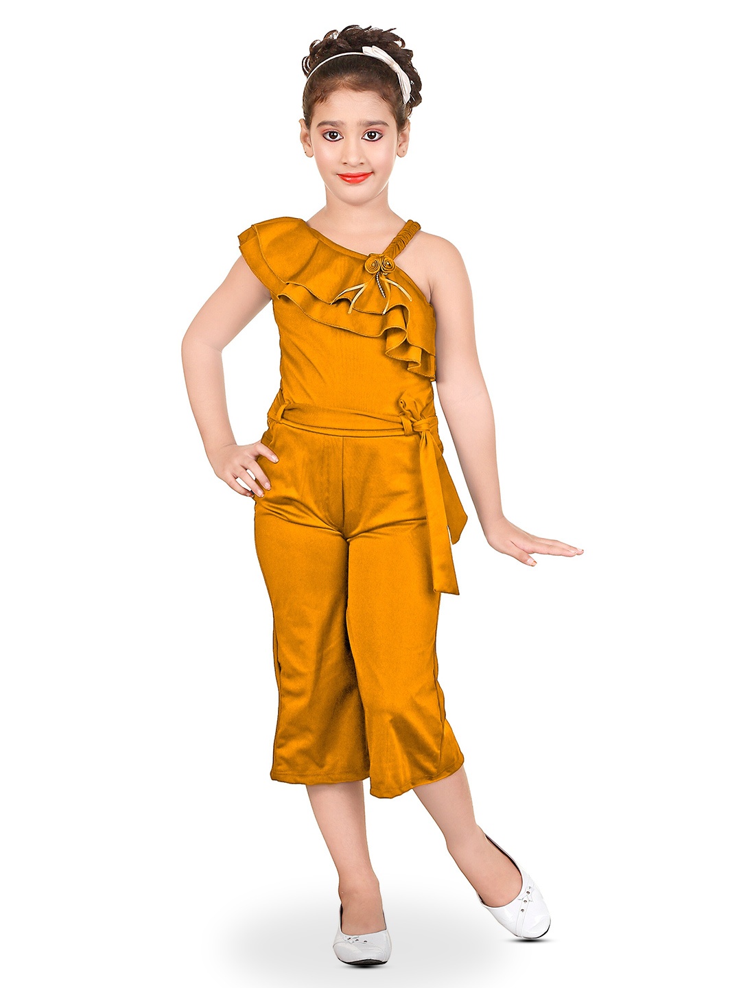 

BURBN Girls One Shoulder Waist Tie-Ups Ruffles Basic Jumpsuit, Yellow