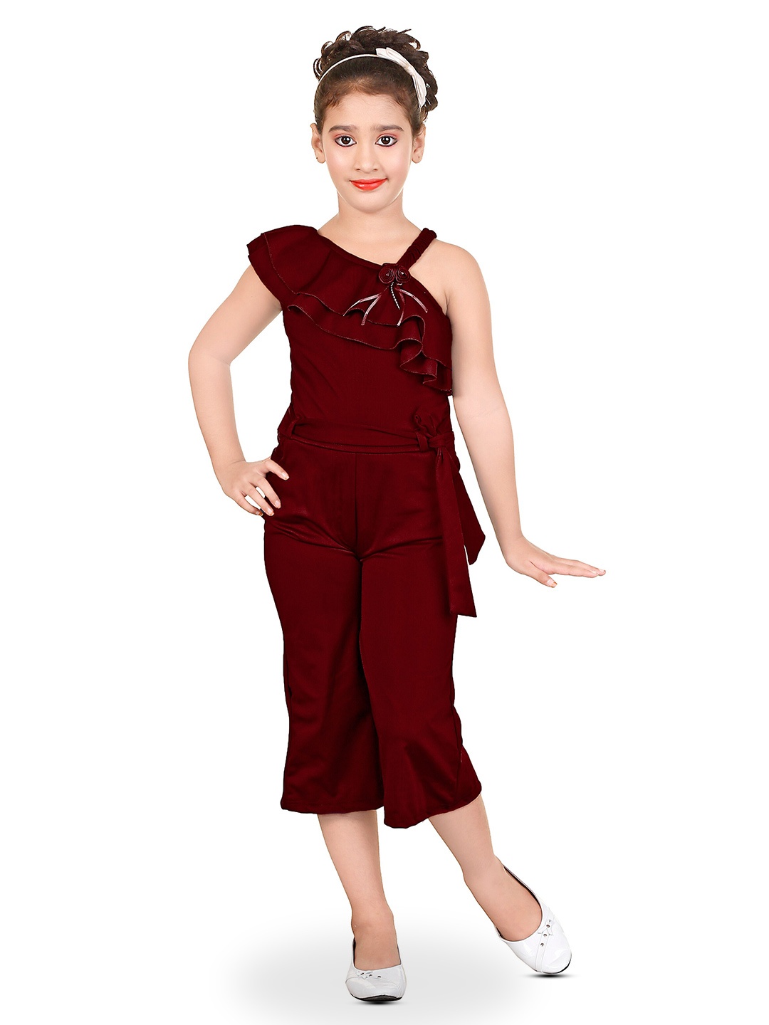 

BURBN Girls One Shoulder Waist Tie-Ups Ruffles Basic Jumpsuit, Maroon