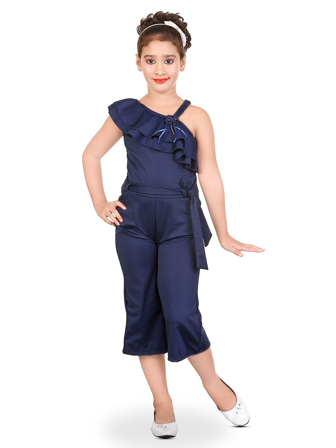 

BURBN Girls One Shoulder Waist Tie-Ups Ruffles Basic Jumpsuit, Navy blue