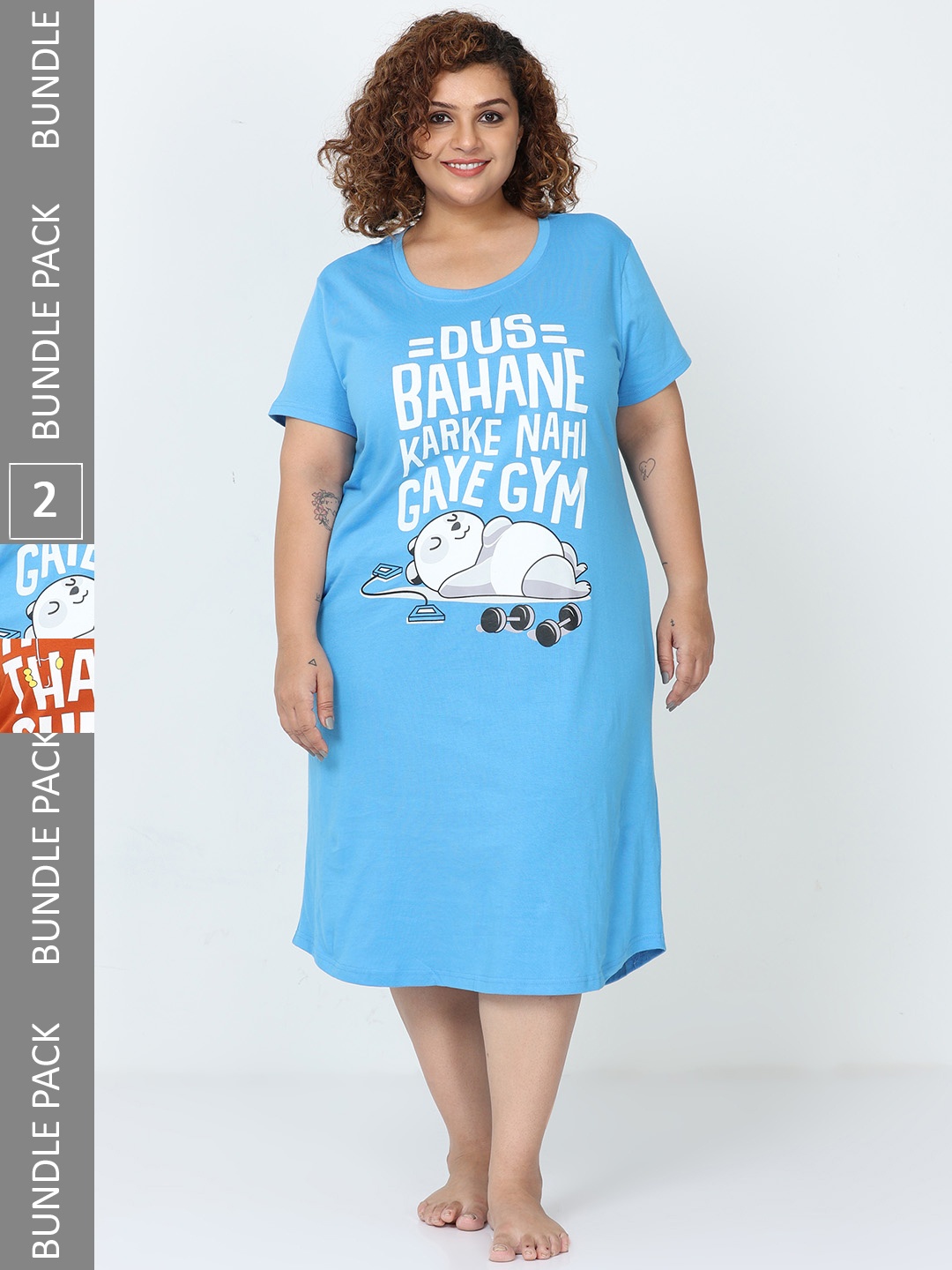 

9shines Label Plus Size Pack Of 2 Typography Printed Pure Cotton Nightdress, Blue