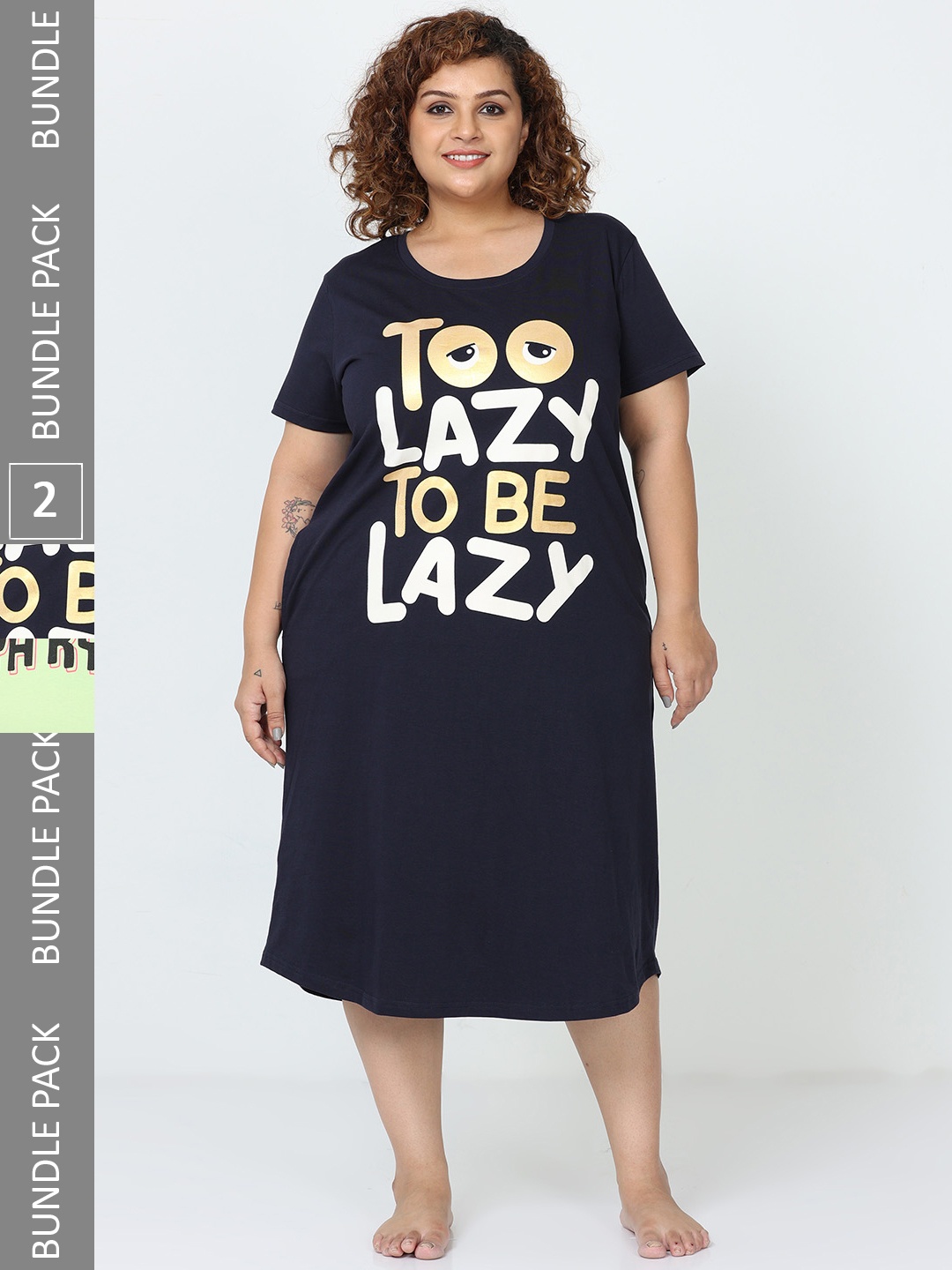 

9shines Label Plus Size Pack Of 2 Typography Printed Pure Cotton Nightdress, Blue