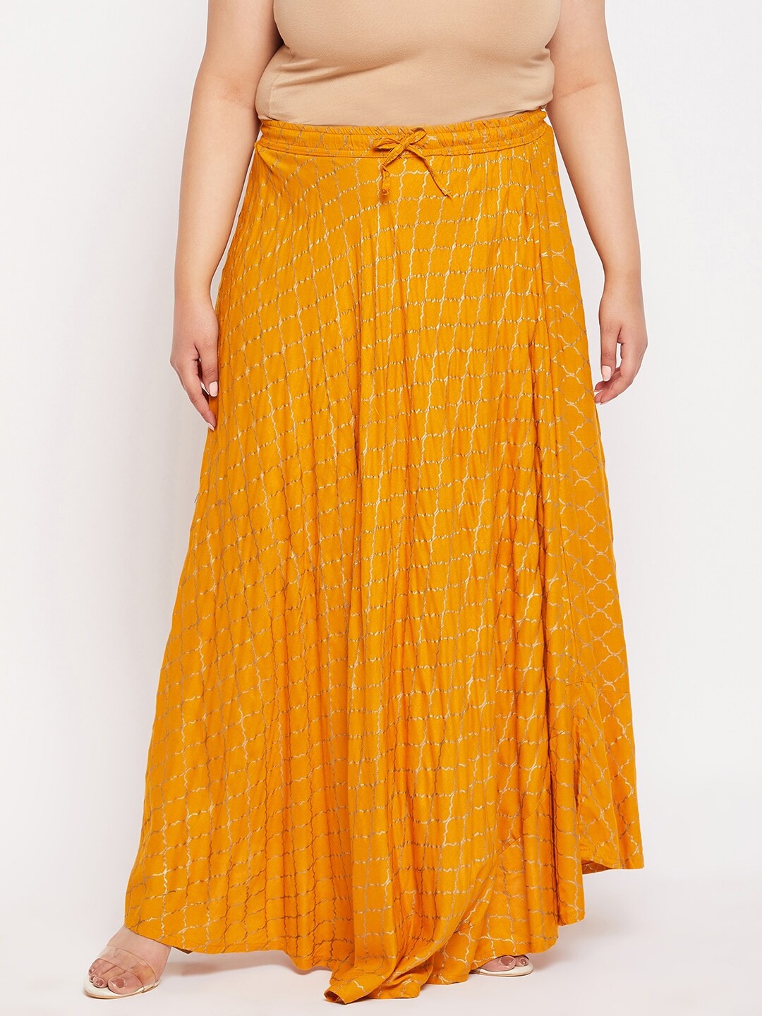 

CLORA CREATION PLUS Plus Size Printed Flared Maxi Skirt, Mustard