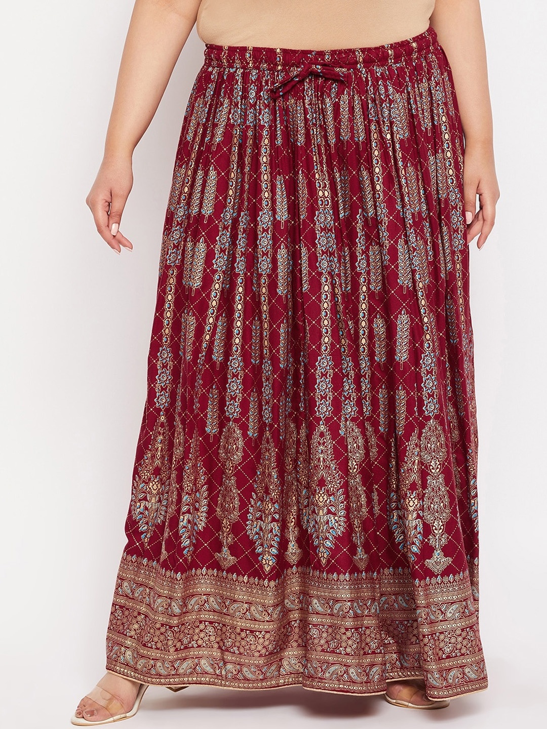 

CLORA CREATION PLUS Ethnic Motifs Printed Flared Maxi Skirt, Maroon