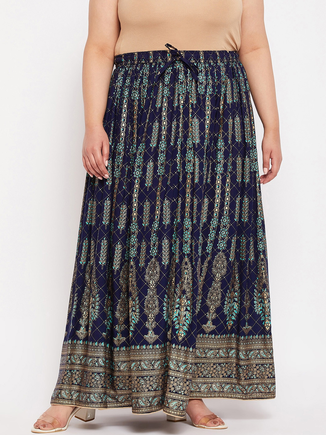 

CLORA CREATION PLUS Printed Flared Maxi Skirt, Navy blue