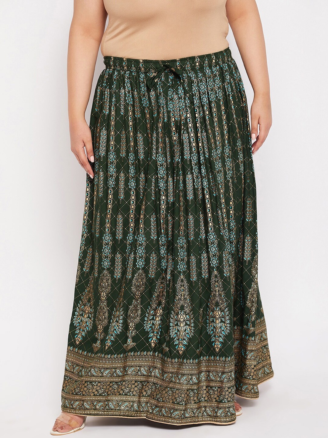

CLORA CREATION PLUS Plus Size Printed Flared Maxi Skirt, Green