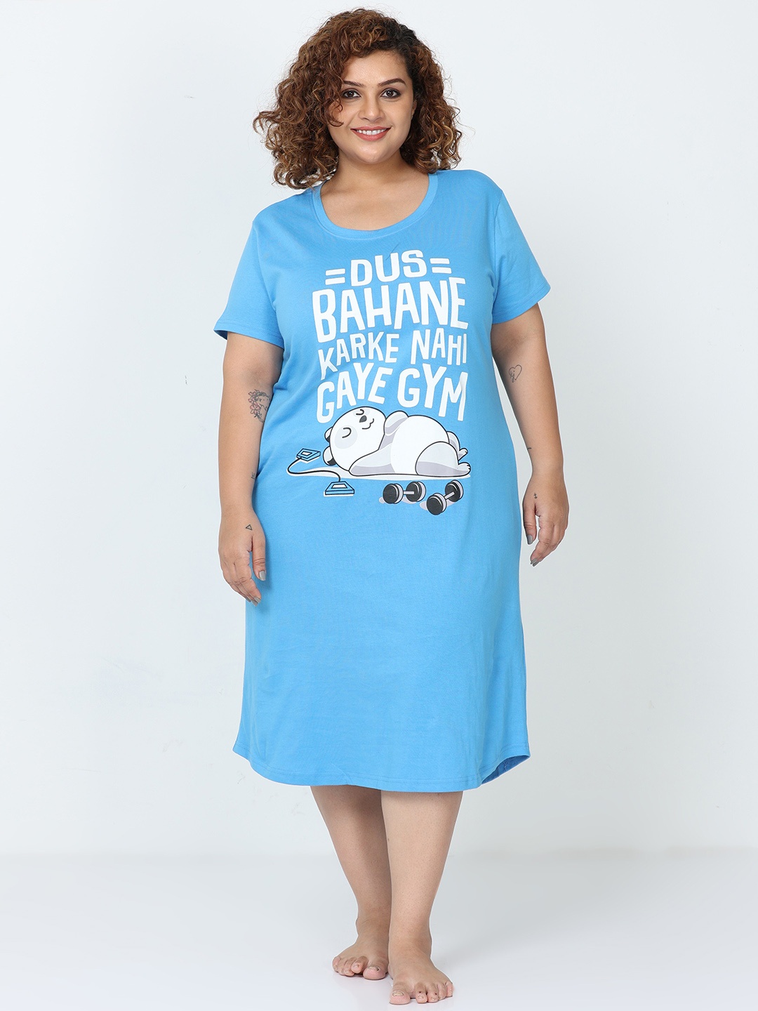 

9shines Label Plus Size Graphic Printed Pure Cotton Nightdress, Blue