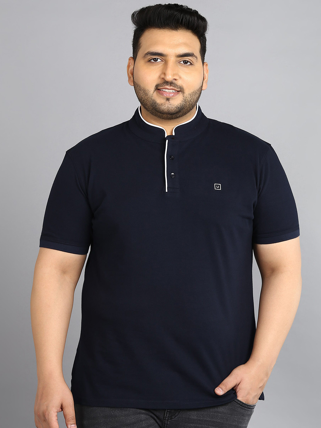 

Urbano Plus Plus Size Mandarin Collar T-Shirt, Navy blue