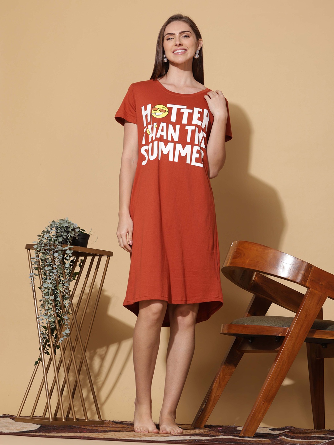 

9shines Label Plus Size Typography Printed Pure Cotton Nightdress, Orange