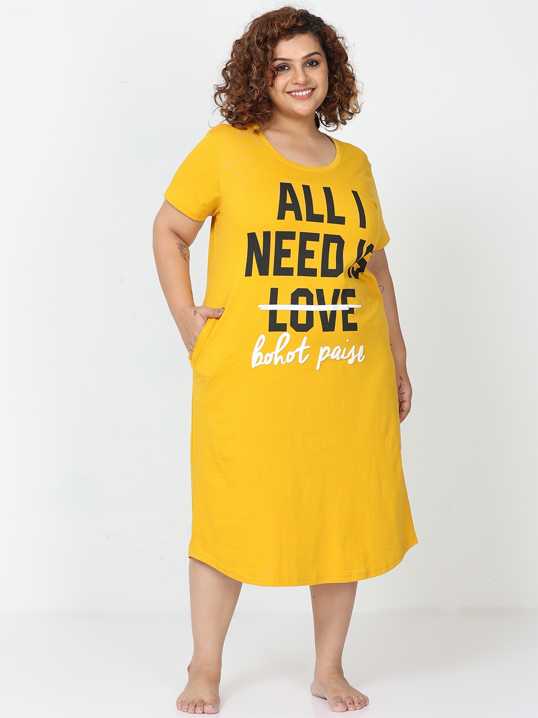 

9shines Label Plus Size Typography Printed Pure Cotton Nightdress, Yellow