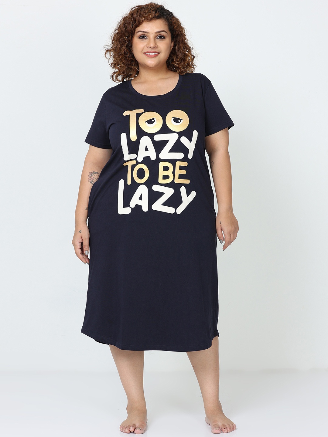 

9shines Label Plus Size Typography Printed Midi Length Pure Cotton Nightdress, Blue