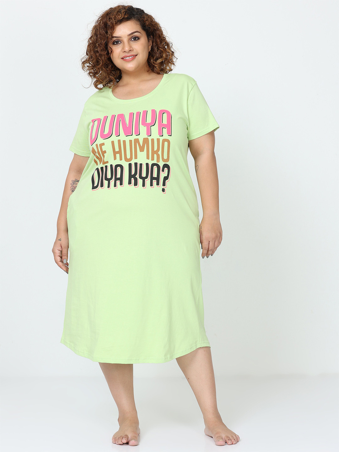 

9shines Label Plus Size Typography Printed Pure Cotton Nightdress, Green