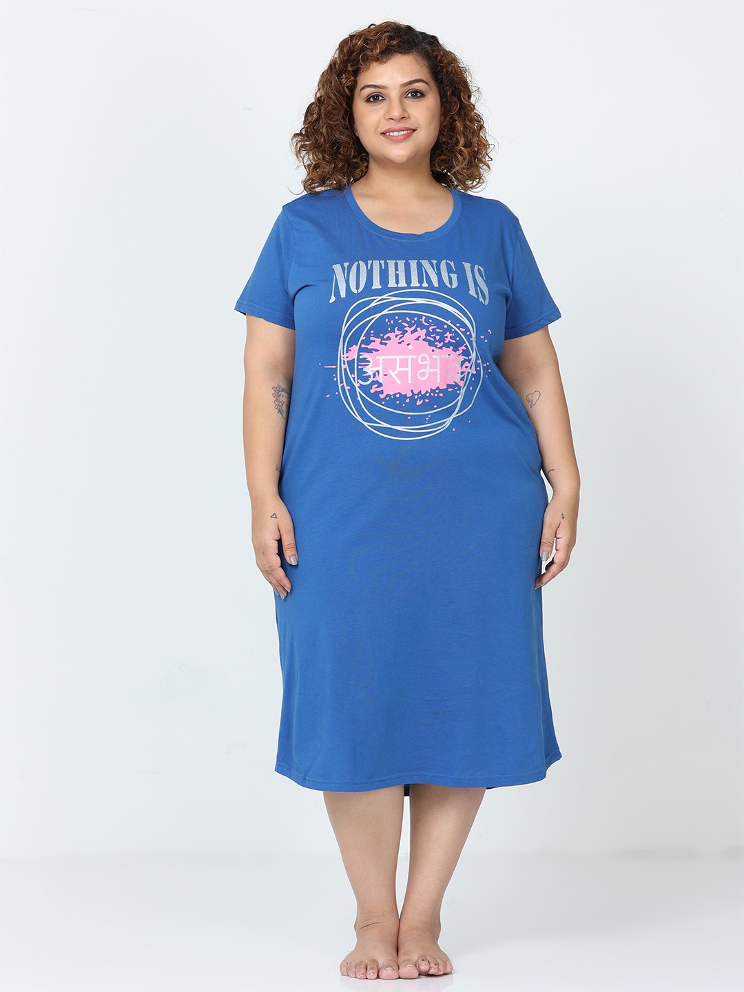 

9shines Label Plus Size Typography Printed Pure Cotton Nightdress, Blue