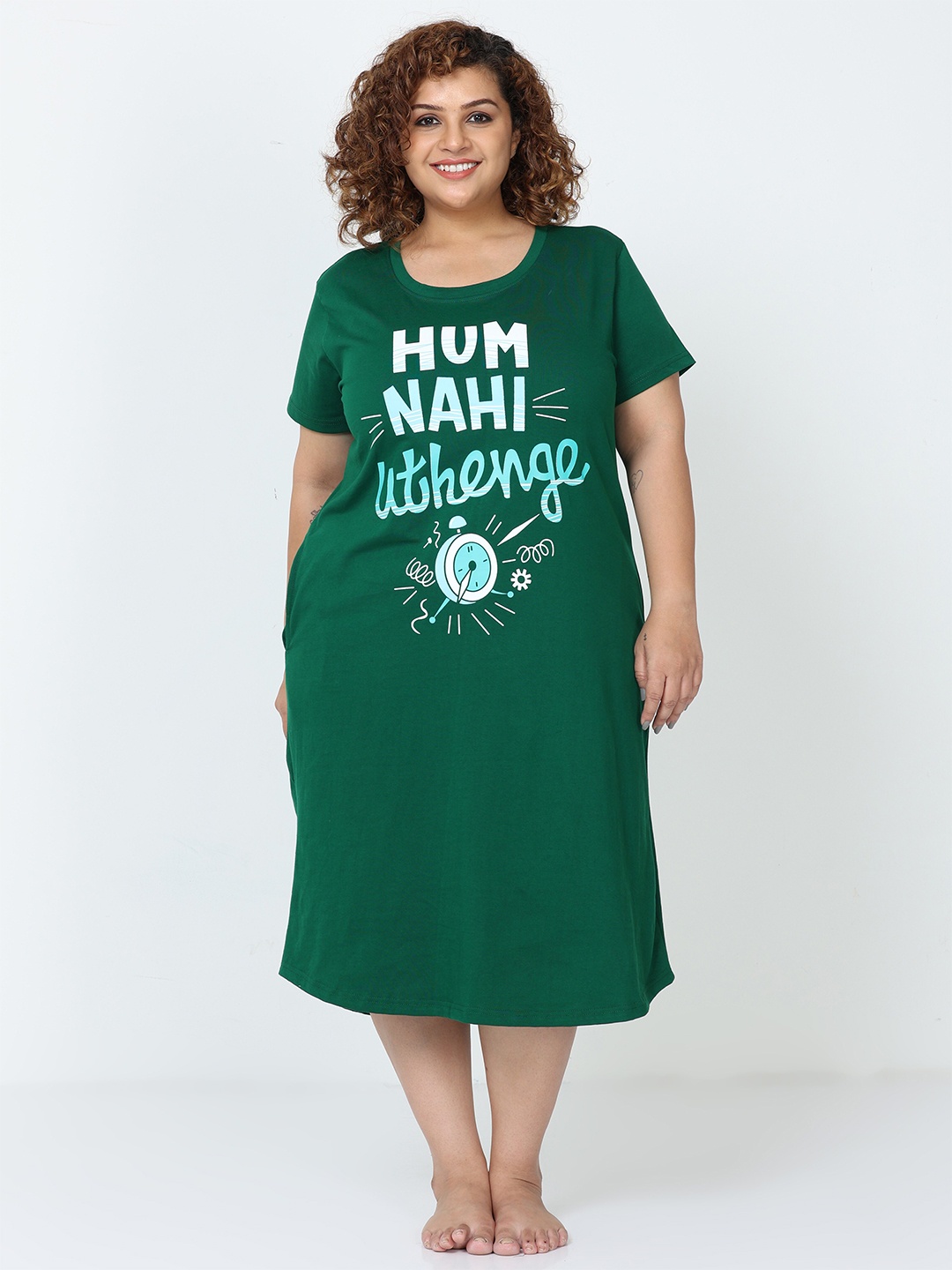 

9shines Label Plus Size Typography Printed Pure Cotton Nightdress, Green