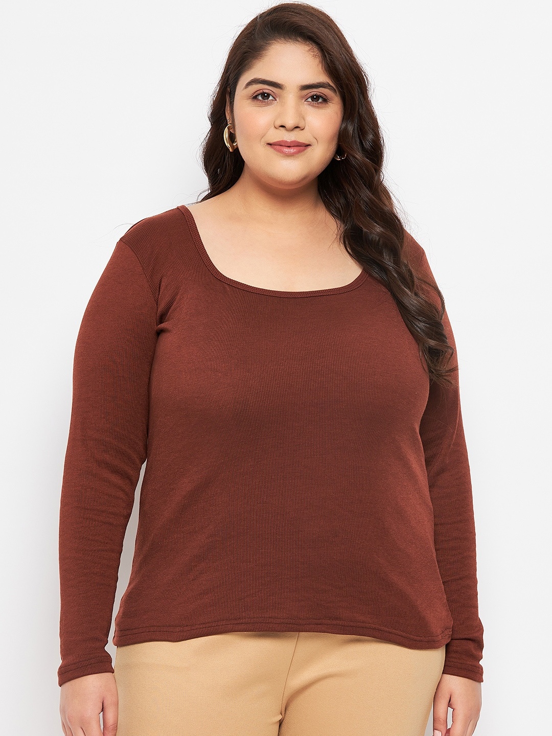 

CLORA CREATION PLUS Scoop Neck Long Sleeves Top, Brown