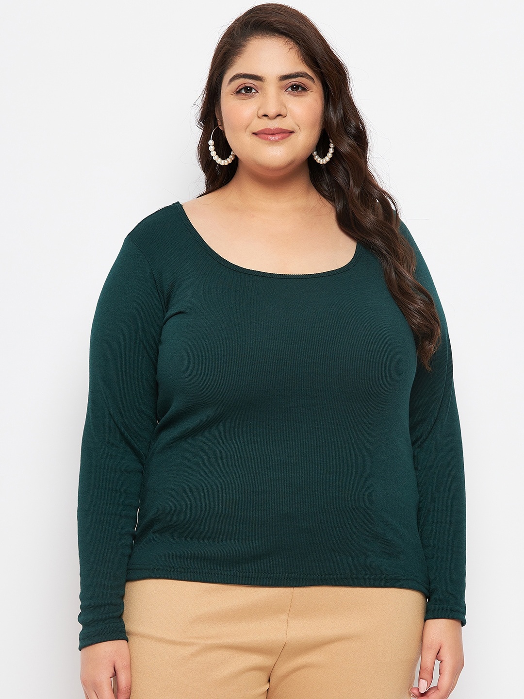 

CLORA CREATION PLUS Scoop Neck Long Sleeves Top, Green