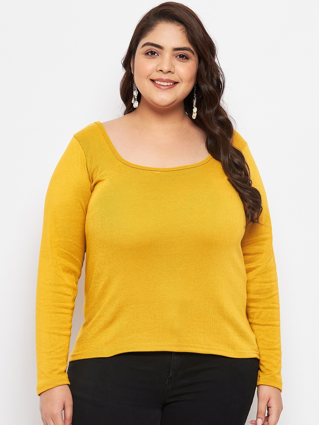 

CLORA CREATION PLUS Scoop Neck Long Sleeves Top, Mustard