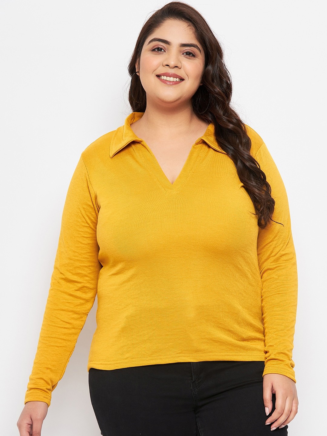 

CLORA CREATION PLUS Shirt Collar Long Sleeves Top, Mustard