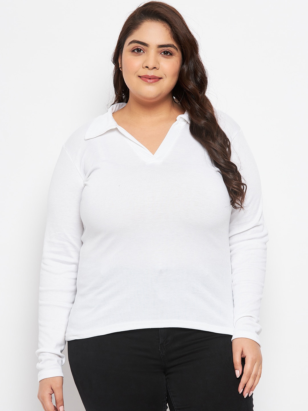 

CLORA CREATION PLUS Plus Size Shirt Collar Long Sleeves Top, White