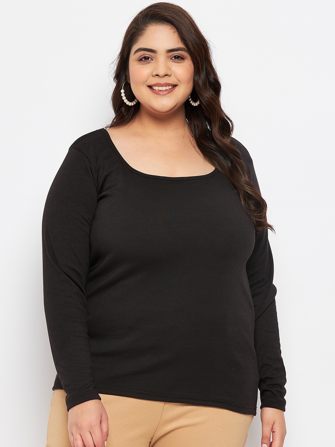 

CLORA CREATION PLUS Scoop Neck Long Sleeves Top, Black