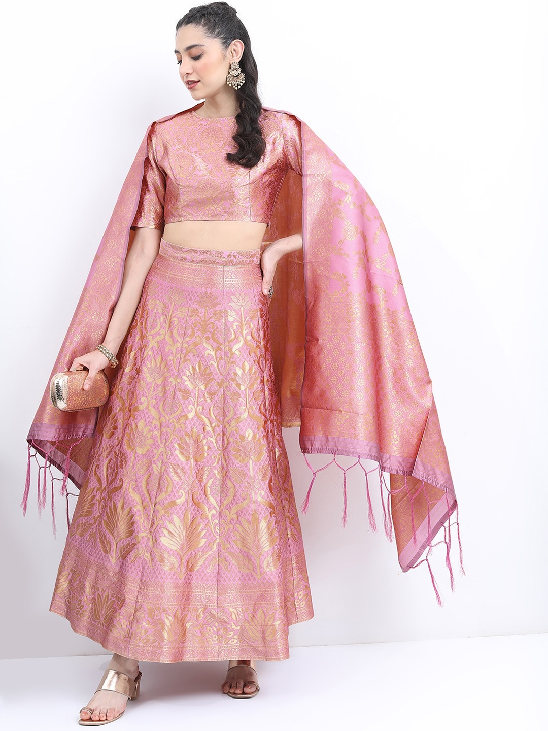 

KETCH Women Woven Semi-Stitched Blouse & Lehenga With Dupatta, Pink
