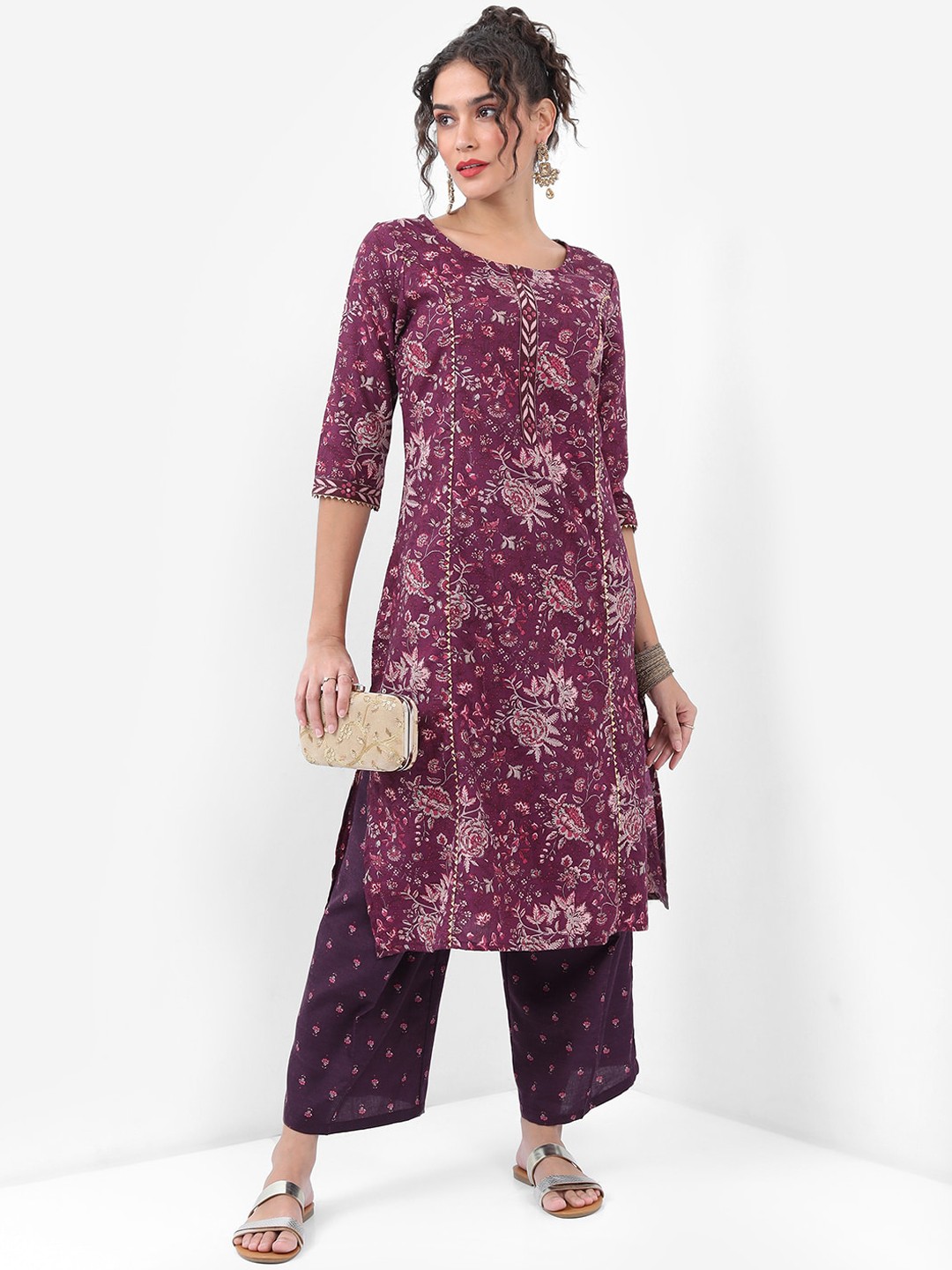 

KETCH Floral Printed Kurta With Palazzos, Purple